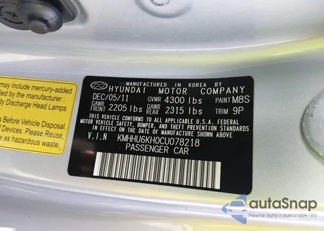 2012 Hyundai Genesis 3.8 Grand Touring z USA, uszkodzony, nr VIN KMHHU6KH0CU078218